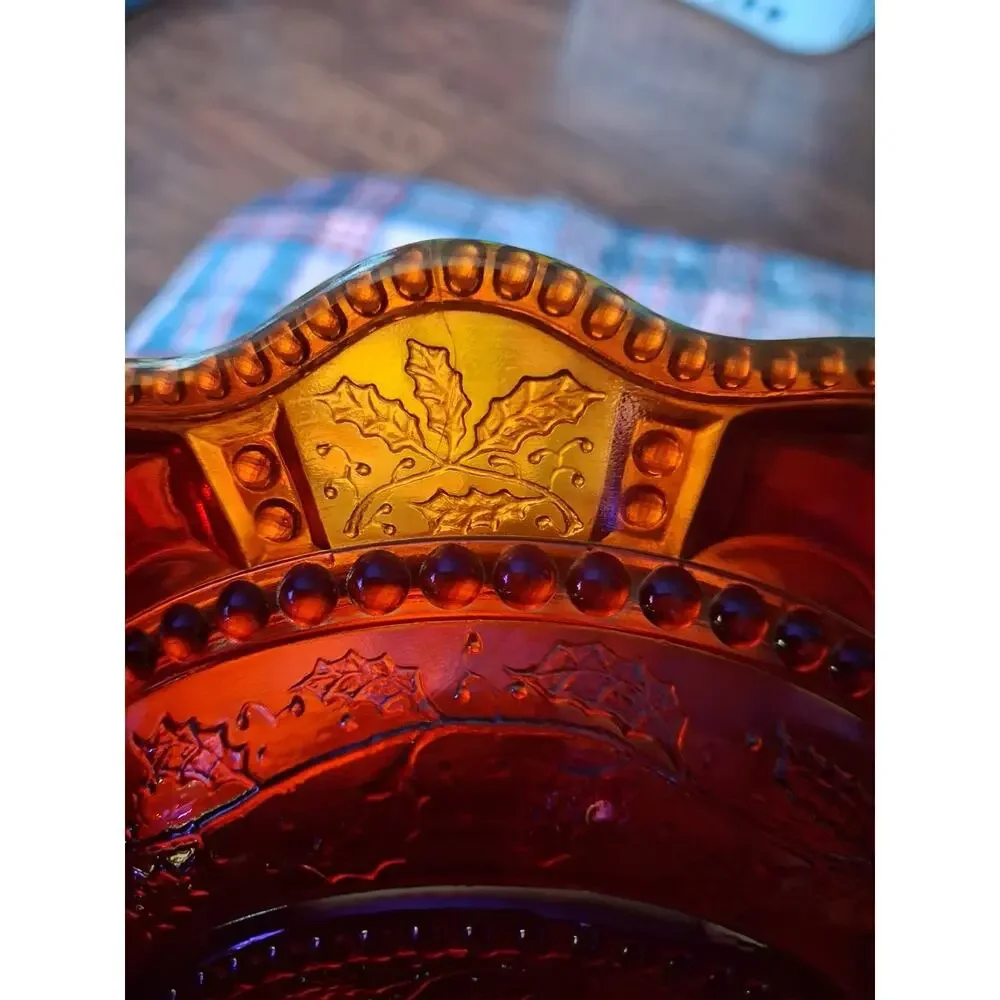 Vintage Amberlina Carnival Glass Domed Butter Dish Beaded Holly Summit UV